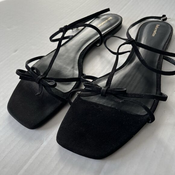 Reformation Maya Strappy Flat Sandals Sz 11 Ankle Strap Bow Detail Black Leather - Picture 8 of 15